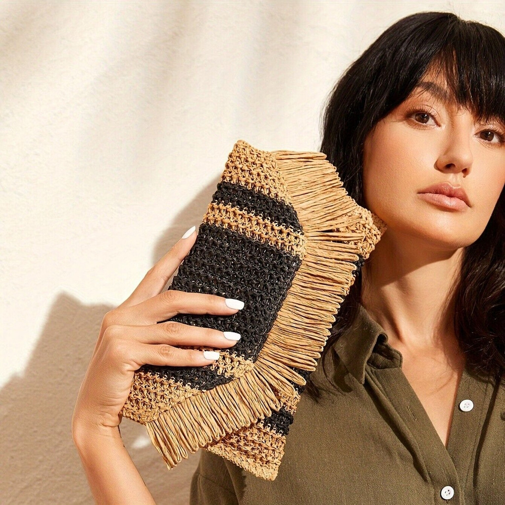 Boho Chic Black & Natural Raffia Fringe Clutch - Handwoven Envelope Bag